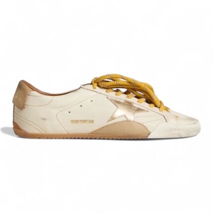 Golden Goose Women’s True-Star In White Nappa Leather With Gold Star And Beige Suede Heel Tab
