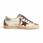 Golden Goose Super-Star With Burgundy Glitter Star And Silver Heel Tab