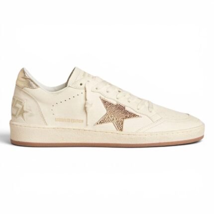 Golden Goose Ball Star In White Leather With Crystal Star And Metallic Heel Tab